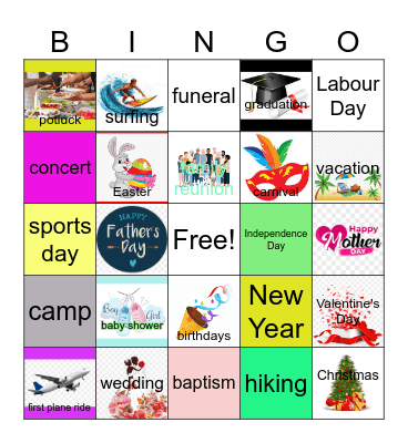 Special Events/Activities/Holidays Bingo Card