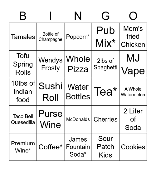 Movie Snackies Bingo Card