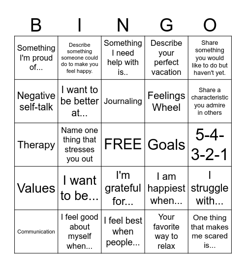 Self Awareness Bingo Card