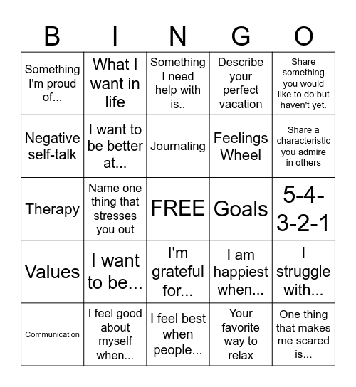 Self Awareness Bingo Card