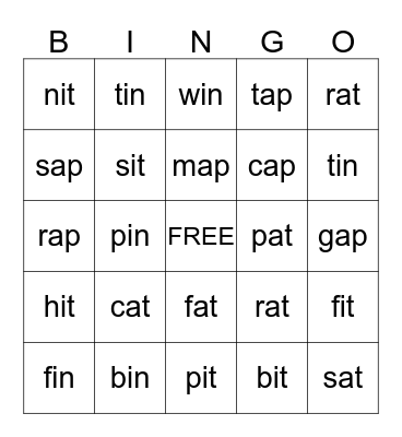 Word Family Bingo Card