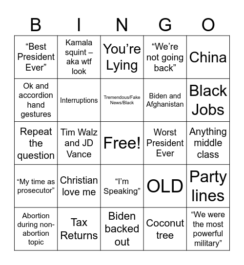 Presidential Bingo Card