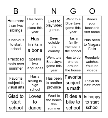 First Day of School Bingo Card