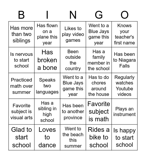 First Day of School Bingo Card