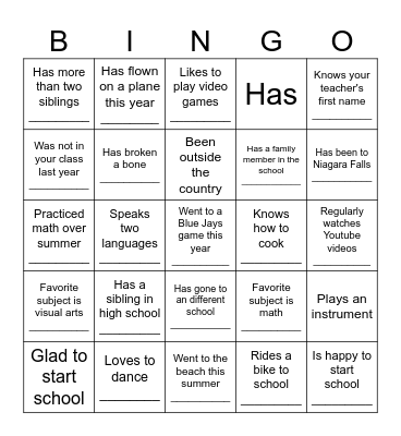 First Day of School Bingo Card