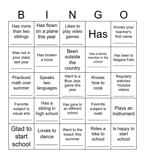 First Day of School Bingo Card