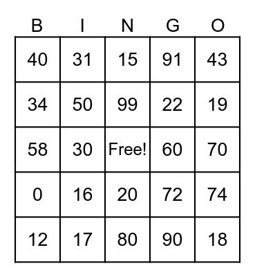 Number Bingo Card