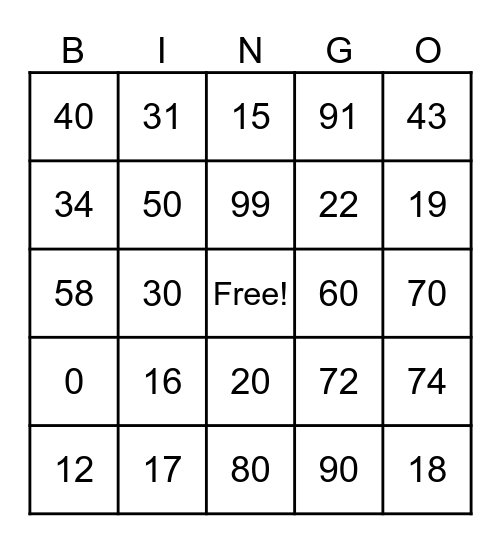 Number Bingo Card