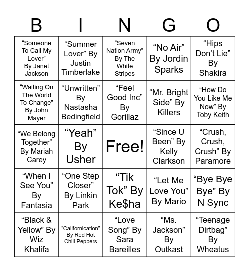 #1 Top 2000’s Bingo Card