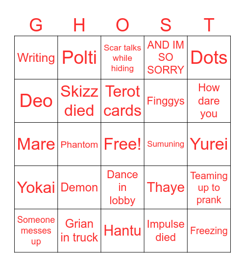 Phasmo gigs Bingo Card