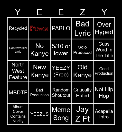 Kanye Shuffle Bingo Card