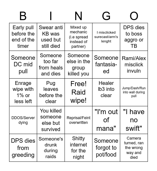 Raid bingo card Bingo Card