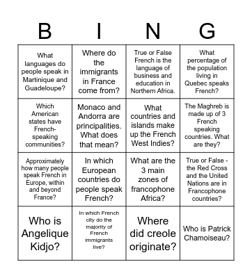 T'es branché Level 1 Unité 1 Culture Bingo Card