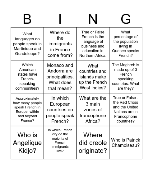 T'es branché Level 1 Unité 1 Culture Bingo Card