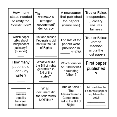 Federalist Papers Bingo Card
