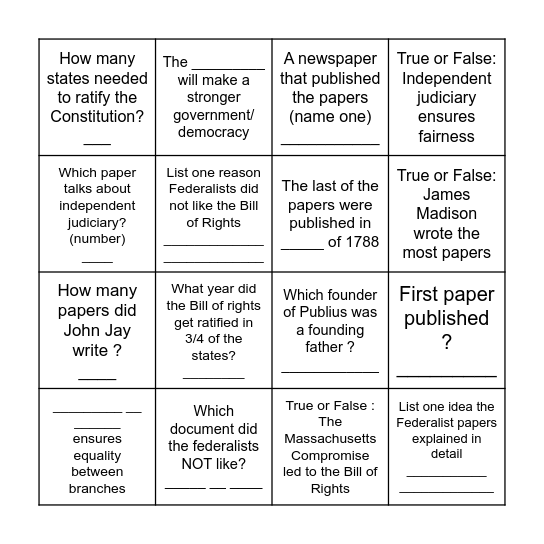 Federalist Papers Bingo Card