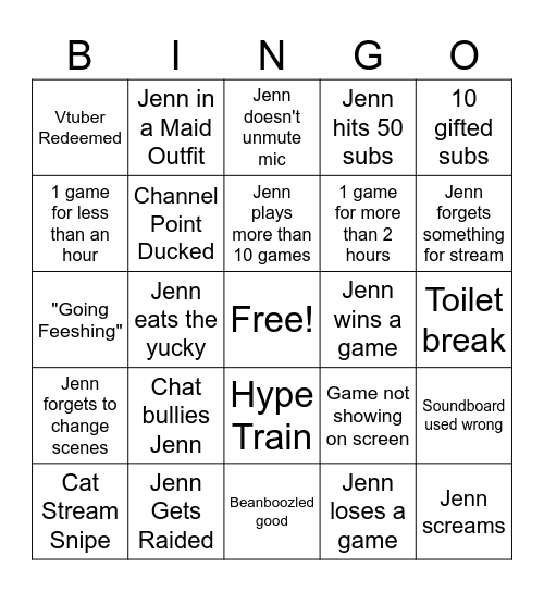 JenJustJenn Subathon Bingo Card