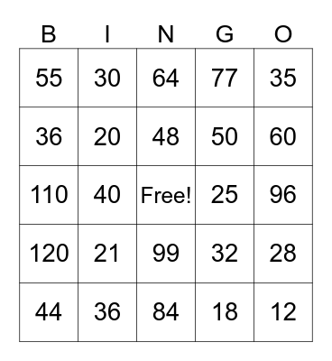 Multiplication Facts Bingo Card