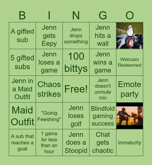 JenJustJenn Subathon Bingo Card