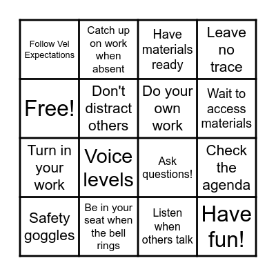 Classroom Expectations Bingo Card