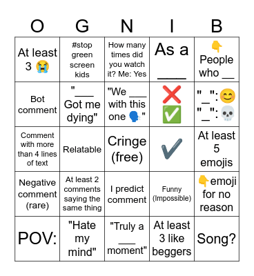 YouTube Shorts Comments Bingo Card