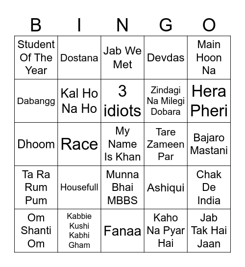 Bollywood Bingo Card