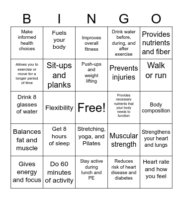 Healthy Choices Bingo Card