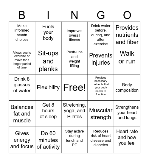 Healthy Choices Bingo Card