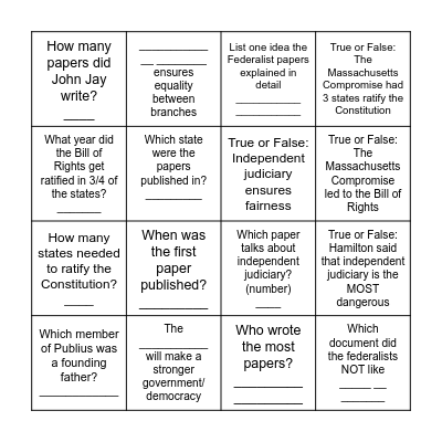 The Federalist Papers Bingo Card
