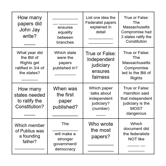 The Federalist Papers Bingo Card