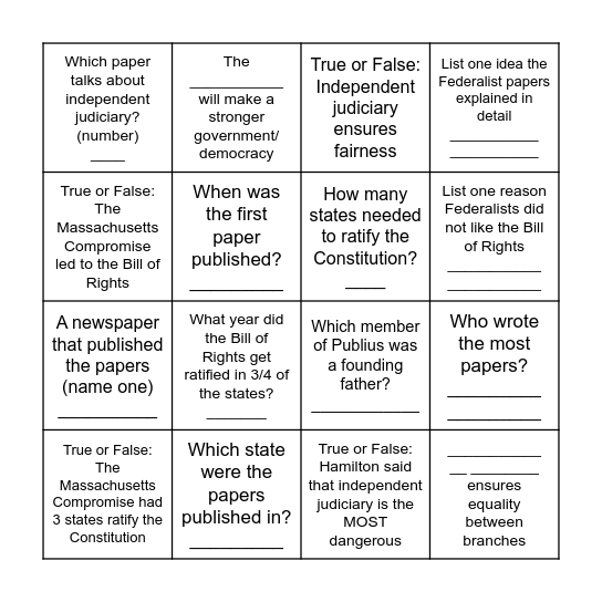 Federalist Papers Bingo Card