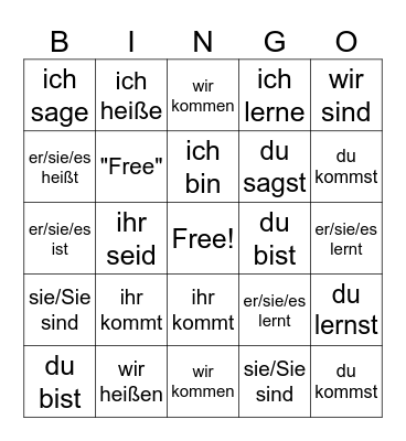 Konjugation des Verbs Bingo Card