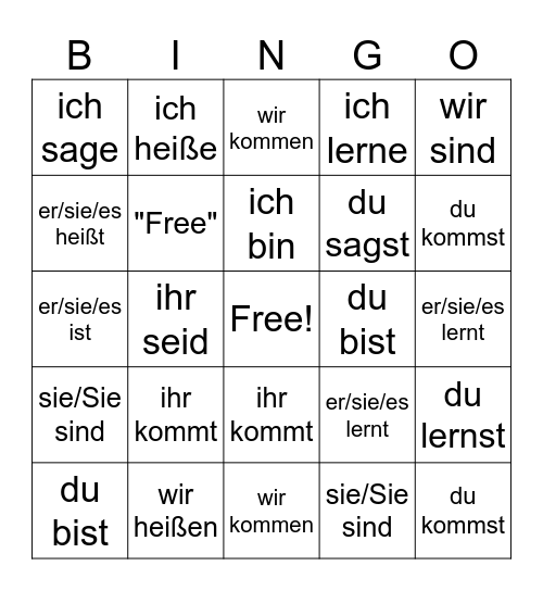 Konjugation des Verbs Bingo Card