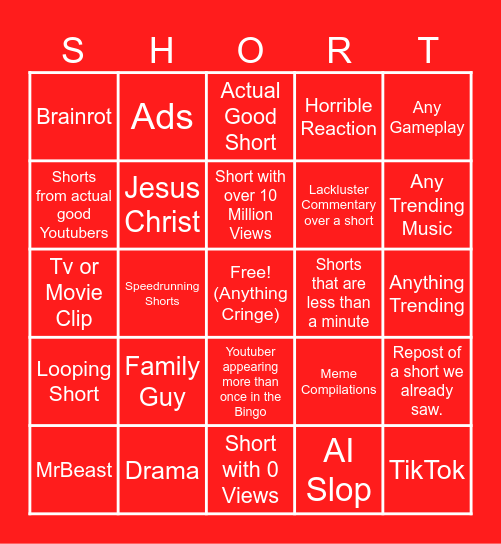 The Ultimate YT Shorts Bingo Card