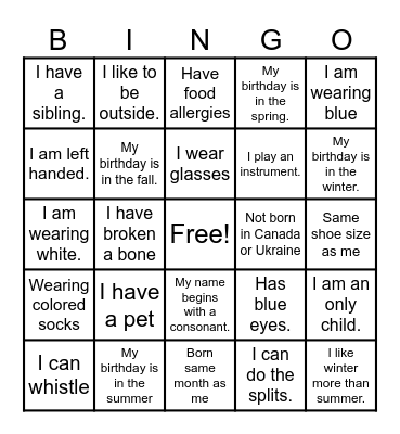 Get to Know Me Bingo Card