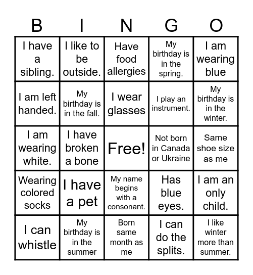 Get to Know Me Bingo Card