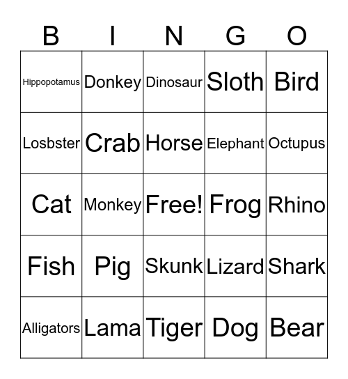 Animal bingo Card