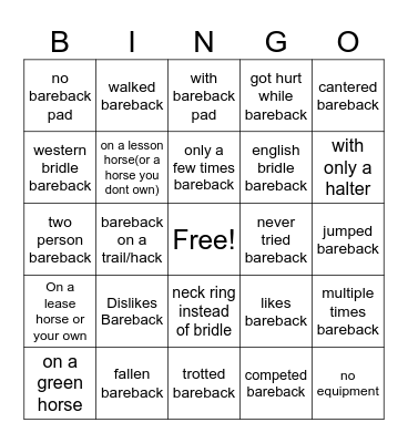 Bareback equestrian Bingo Card
