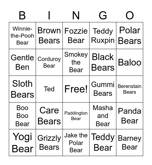 Bears Bingo Card