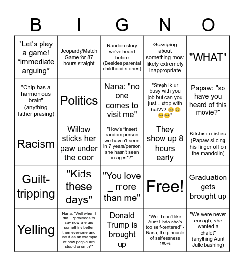 Family Fun Bingo Card