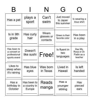 Getting to know you Bingo Card