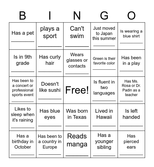 Getting to know you Bingo Card