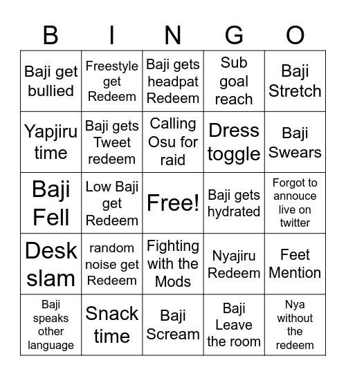 BAJIRU Bingo Card