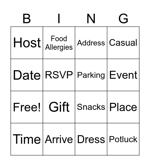 Invitations Bingo Card