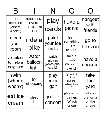 Summer Vacation Bingo Card