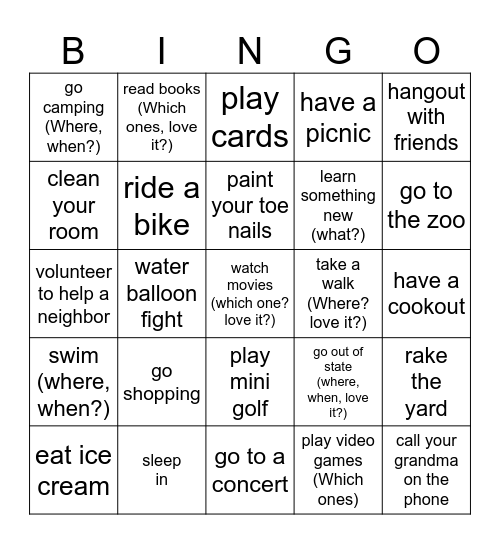 Summer Vacation Bingo Card