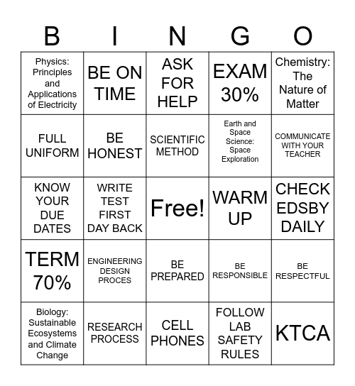 SCIENCE COURSE OUTLINE Bingo Card