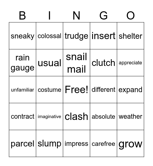 Vocab Week 4-5 Bingo Card