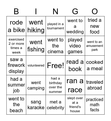 What did you do over the Summer!!!! Bingo Card