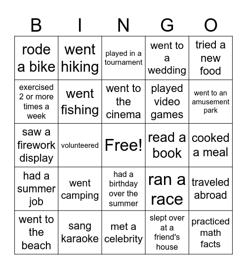 What did you do over the Summer!!!! Bingo Card